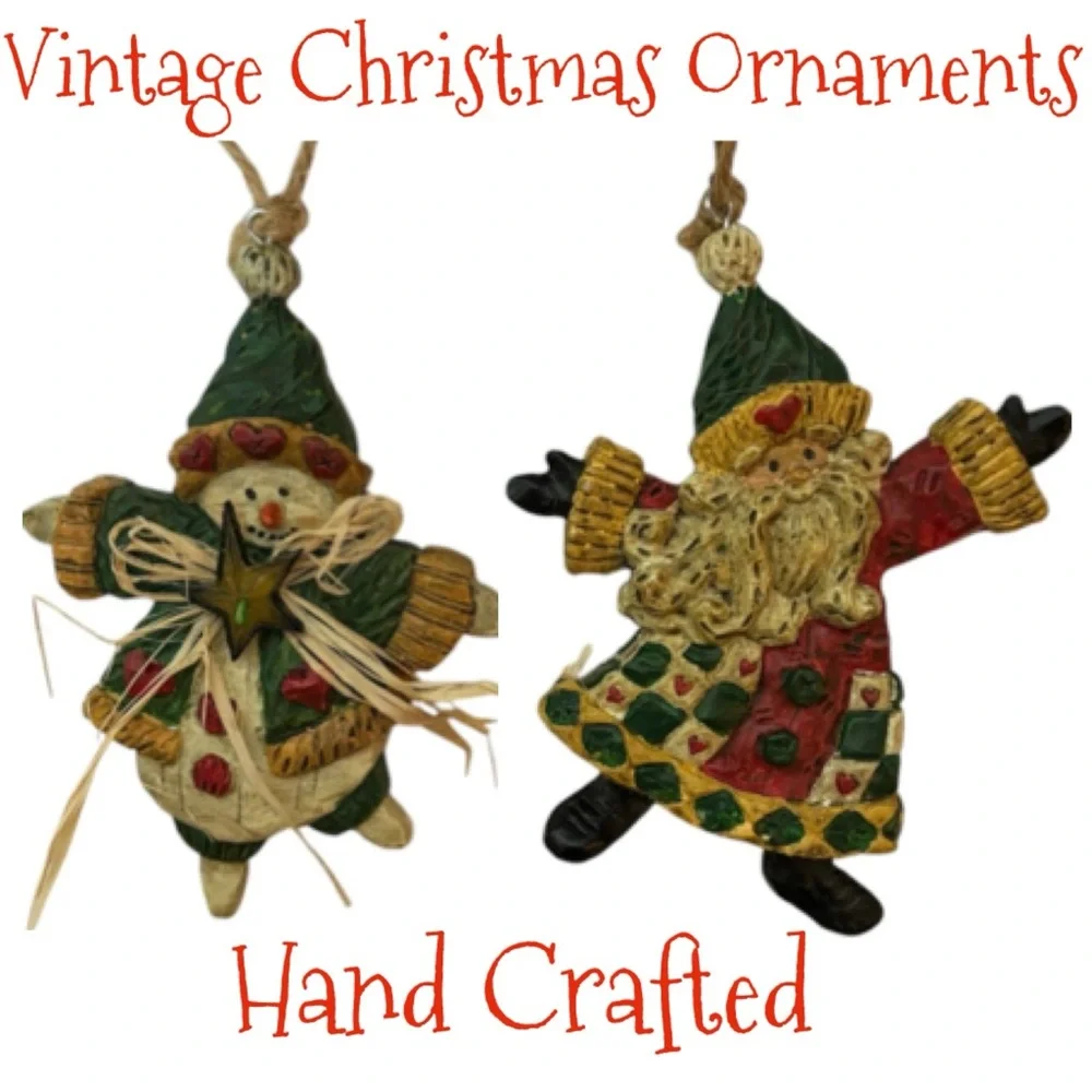 Whimsical Christmas Ornaments Hand Crafted Vintage Snowman Santa 2 Pc Set Red